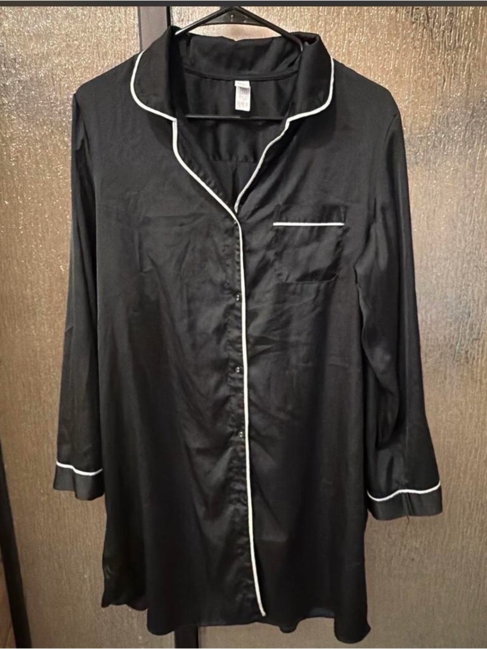 stars above Black Satin Button-Front Nightshirt with White Piping